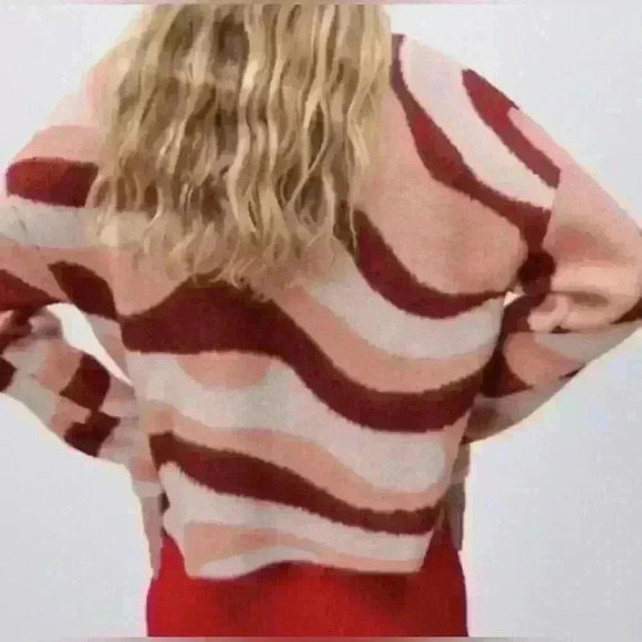 Zara Bloggers Pink Burgundy Jacquard Wave Mock Neck Sweater Medium Maximalist - Picture 2 of 9